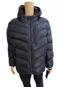 DESIGNER TH TOMMY HILFIGER MEN’S WINTER QUILTED PUFFER HOODED BLACK JACKET LARGE - Picture 1 of 10