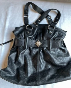 BCBG Maxazria Slouchy Black Leather Purse Logo Twist Lock Ruffle Detail Silver - Picture 1 of 14