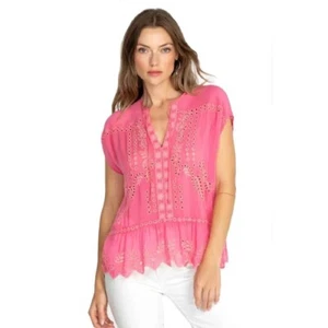 Johnny Was Embroidered Lace Trim Blouse Pink Short Sleeve Cotton Top Size Small - Picture 1 of 4