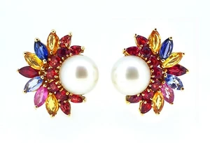 Vintage 1960 VOURAKIS Tutti Frutti Pearl Ruby Sapphire Earrings VCA Van Cleef - Picture 1 of 10