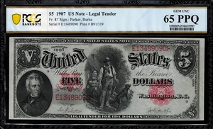 1907 $5 Legal Tender FR-87 - "WoodChopper" - Graded PCGS 65 PPQ - Gem Unc. - Picture 1 of 2