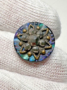RARE ANTIQUE SHELL? SHANK BUTTON WITH CUT STEEL & BRASS? FLORAL ACCENT G65 - Picture 1 of 18