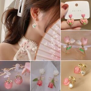 Fashion Sweet Pink Peach Flower Pearl Earrings Women Drop Dangle Ear Stud Gift