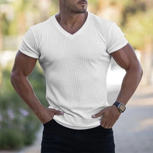 Camiseta para hombre cuello en V manga corta calce ajustado elástico deporte gimnasio camiseta muscular - Imagen 1 de 15