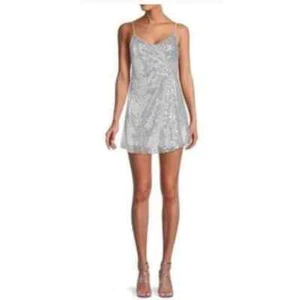 Area Stars Women's Silver Sequin Ruched Spaghetti Strap Mini Dress NWT 189 XS - Picture 1 of 7