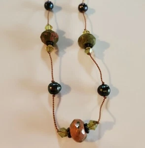 Vintage Green & Pink Unikite Beaded Necklace with Pewter Faux Pearl Beads - Picture 1 of 10