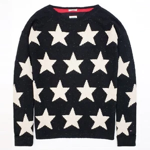 TOMMY HILFIGER Wool Blend Knit Sweater Star Sky Intarsia Constellation Black S-M - Picture 1 of 9