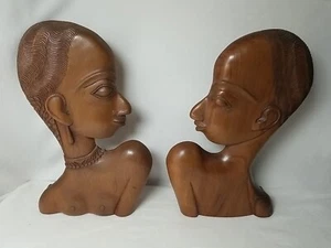 Pair Vintage Teak MCM Carved African Woman & Man Bust Profiles - Picture 1 of 7