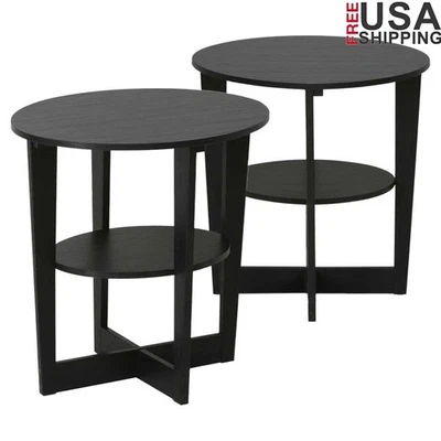 Round End Table Set of 2 Modern Storage Shelf Cross Legs Indoor Furniture New - Image 1 of 4