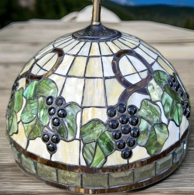 Stunning Tiffany Style 16Wx12T” Stained Leaded Glass Grapes Leaves Hanging Lamp  - Image 1 of 4