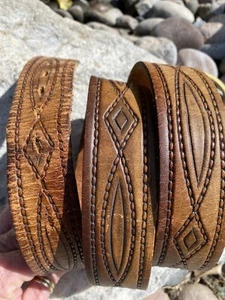 Cintura Western Cowboy in pelle lavorata 42 fibbia ottone marrone USA - Foto 1 di 12