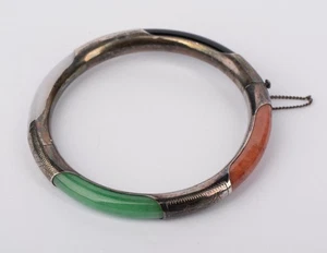 Vintage HK Sterling Silver 925 Multicolor Jade Bangle Bracelet - Picture 1 of 8