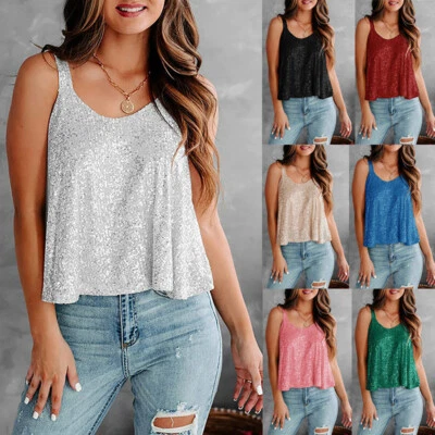 Womens Sequin Glitter Cami Vest Ladies Sexy Sleeveless Swing Party Shirt Tops` - Image 1 of 4