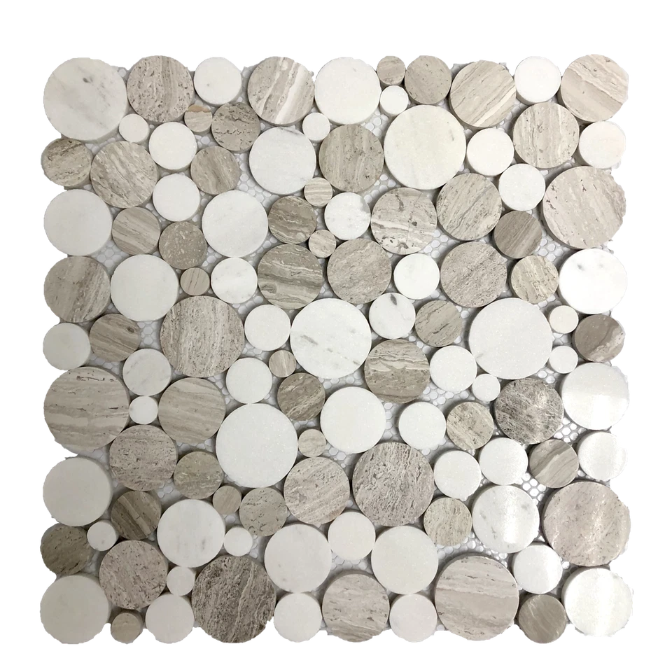 Malla de salpicaduras trasera de mosaico de piedra natural 'Madera Ice Grey Mix' montada. Decoración. hágalo usted mismo Foto 1 de 1