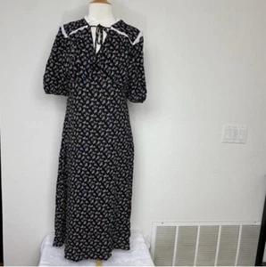 NEW Dual Nature Black Purple Floral Lace Collar Tie Midi Dress Size Large Modest - Picture 1 of 16
