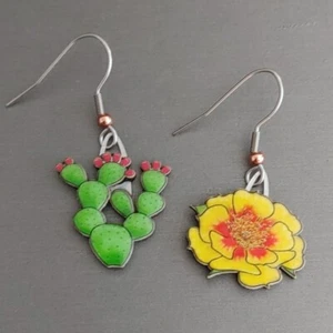 Jabebo CACTUS and FLOWER Earrings Green Prickly Pear Yellow Bloom Asymmetrical - Picture 1 of 7