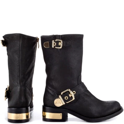VINCE CAMUTO Winchell Black Silk Goat Boots Gold Buckle Harness  US61/2M-EU361/2 - Image 1 of 4