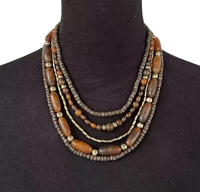 Мультистранд янтарь, коричневый и золотой бусина ожерелье и браслет комплект земли осени - Изображение 1 из 4