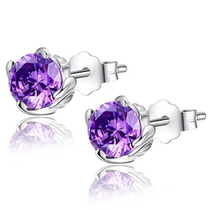 Women's Sterling Silver 1.0 CTW Round Shaped Simulated Amethyst Earrings Studs - Picture 1 of 5