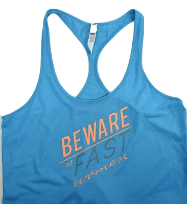 Under Armour Runners Tank Top Womens Size L Racerback Blue Beware of Fast Women - Image 1 of 4