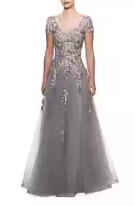 La Femme 27968 Ballkleid Blumen Spitze & Tüll Größe 8 grau UVP 598 $ - Bild 1 von 2