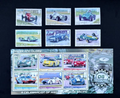 Isle of Man: 2008  British Motor Racing, MNH Set + M/Sheet - Image 1 of 2