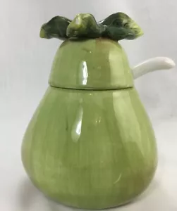 VINTAGE? VASO MARMELLATA DI PERE IN PORCELLANA BELLA CASA BY GANZ CON CUCCHIAIO e coperchio o zucchero - Foto 1 di 9