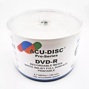 50 x ACU-DISC Pro-Series DVD-R White Inkjet Printable 16x 4.7GB 120min Full Face - Afbeelding 1 van 2
