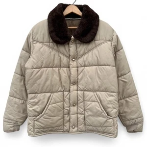 Vintage Western Puffer Jacket Tan Faux Fur Sherpa Collar Ski Coat Outdoor Ranch - Picture 1 of 10