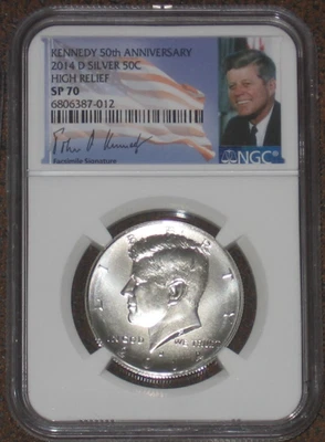 2014 D Silver Satin Finish JFK Kennedy Half Dollar NGC SP70 50c High Relief - Image 1 of 2