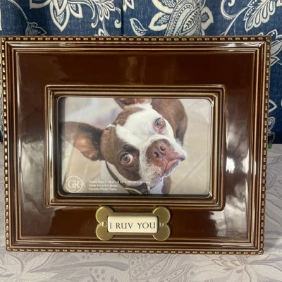 Grasslands Road I Ruv You Ceramic Metal Dog Picture Frame 4x6 Photo Brown Bone - Image 1 of 4