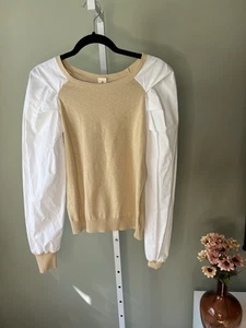 Ferrante Beige Made In Italy Puff Sleeve Sweater Top Knit Cotton Contrast M - Picture 1 of 6