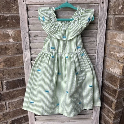 Kellys Kids Dress 3-4 Striped Beach Crabs Green Blue Off Shoulder - Image 1 of 4