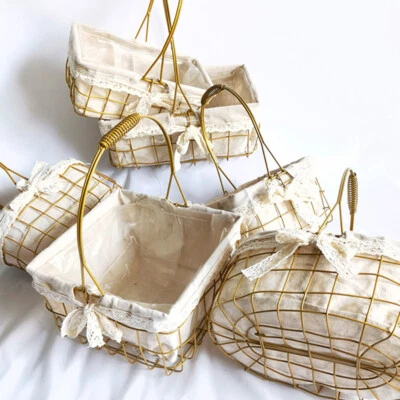 1X Portable Basket Metal Wire Woven Fabric Lining Storage Flower Pot Decor Retro - Image 1 of 4