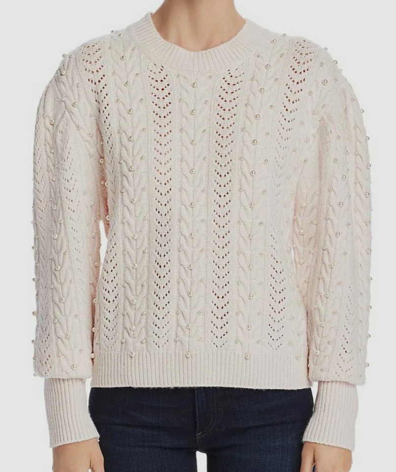 Joie Women's White Crew Neck Embellished Cable-Knit Wool Cashmere Sweater S
