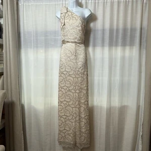 ADRIANNA PAPELL Metallic One-Shoulder Gown Metallic Mesh Beige Size US 16 - Picture 1 of 18
