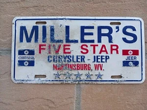 MILLER's JEEP Chrysler Five Star DEALER TIN LICENSE PLATE Martinsburg WV - Foto 1 di 5