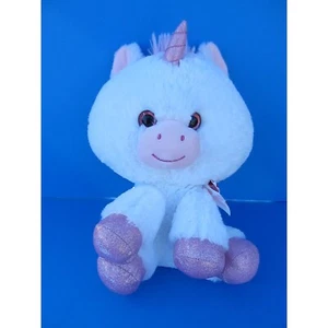 KellyToy Big Head White Unicorn 11” Plush Pink Glitter Eyes Hooves Heart Bow Toy - Picture 1 of 8