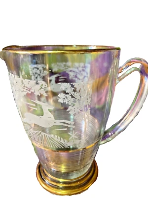 Jarra grande grabada en oro y vasos a juego cerveza barware ciervos caza vintage Foto 1 de 3