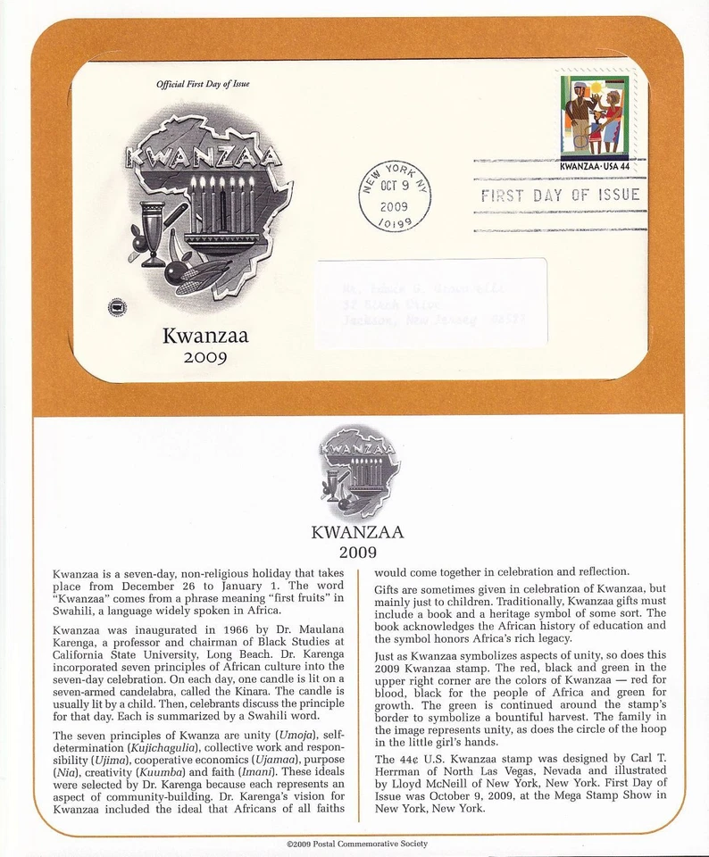 2009 Kwanzaa holiday season 44c Sc 4434 FDC with PCS cachet on full info page - Image 1 of 1