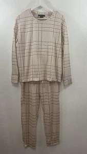 Sanctuary 2-Pc. Long-Sleeve Jogger Pajamas Set Cream Pink Tan Check Large NWOT - Picture 1 of 12