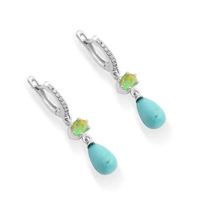 Ethiopian Opal Turquoise Gemstone 925 Silver Drop Earrings Huggie Hoop Jewelry - Image 1 of 4