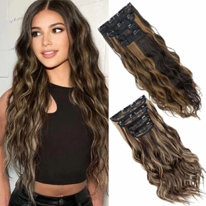 Full Head Clip in Hair Extensions 100% Natural As Human 4PCS Balayage Long Thick - Picture 1 of 39