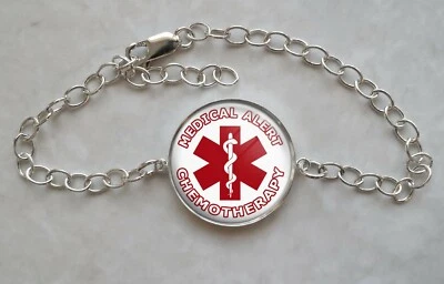 Pulsera ajustable de plata de ley 925 con alerta médica de quimioterapia  Foto 1 de 2