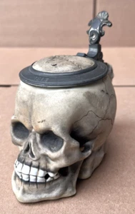 Antique 1913 Skull German Character Lidded Beer Stein Porcelain Ernst Bohne 5” - Picture 1 of 9