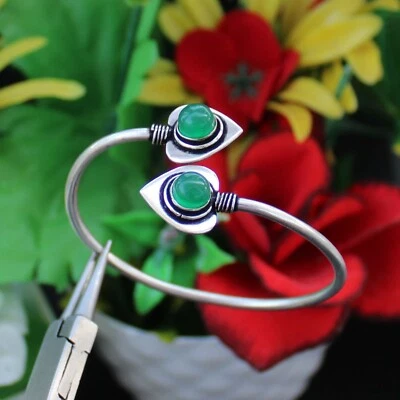 Brazalete brazalete hecho a mano de ónix verde enchapado en plata 925 pulsera joyería 2,5" Foto 1 de 4