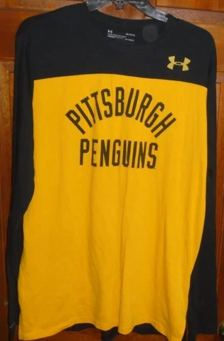UNDER ARMOUR HeatGear Men's BLACK Gold NHL PITTSBURGH PENGUINS LS T Shirt Size L Cover