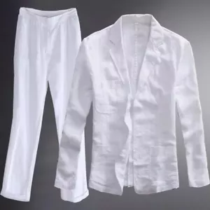 Men Linen Suit Spring Light Slim Handsome Cotton and Linen British Trousers 2pcs - Picture 1 of 14