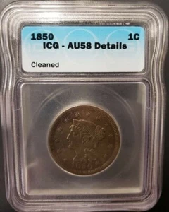 1850 Large Cent ICG AU58 Details Cleaned (Z-0084) - Picture 1 of 2