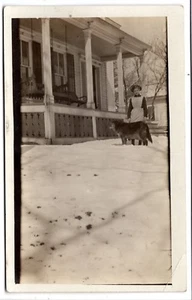 DOG RPPC Little Girl BIG DOG Porch Swing SNOW AZO Vintage Real Photo Postcard - Picture 1 of 2